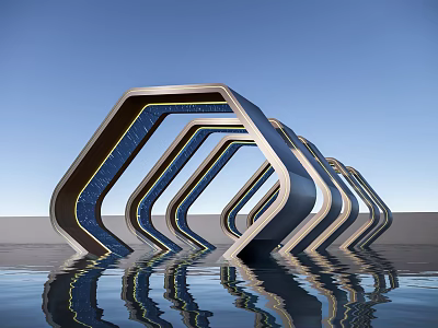 Modern Geometric Pergola Structure With Curved Metal Frame And Water Reflection 3d model
