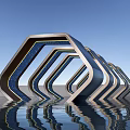 Modern Geometric Pergola Structure With Curved Metal Frame And Water Reflection