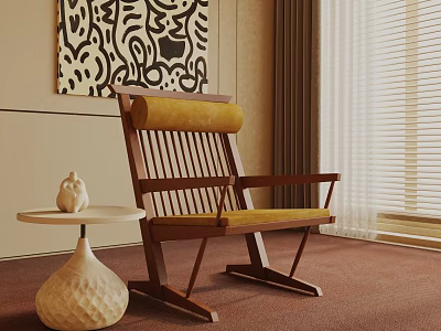 Wooden Frame Leisure Chair With Yellow Velvet Padding Small Round Side Table And Decorative Figurine 3d model