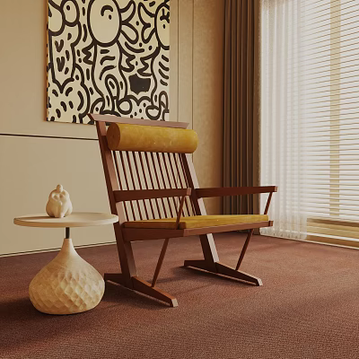 Wooden Frame Leisure Chair With Yellow Velvet Padding Small Round Side Table And Decorative Figurine 3d model