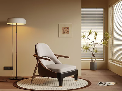 Modern Lounge Chair With Wooden Frame Light Gray Cushion Floor Lamp Window Blinds And Plant 3d model