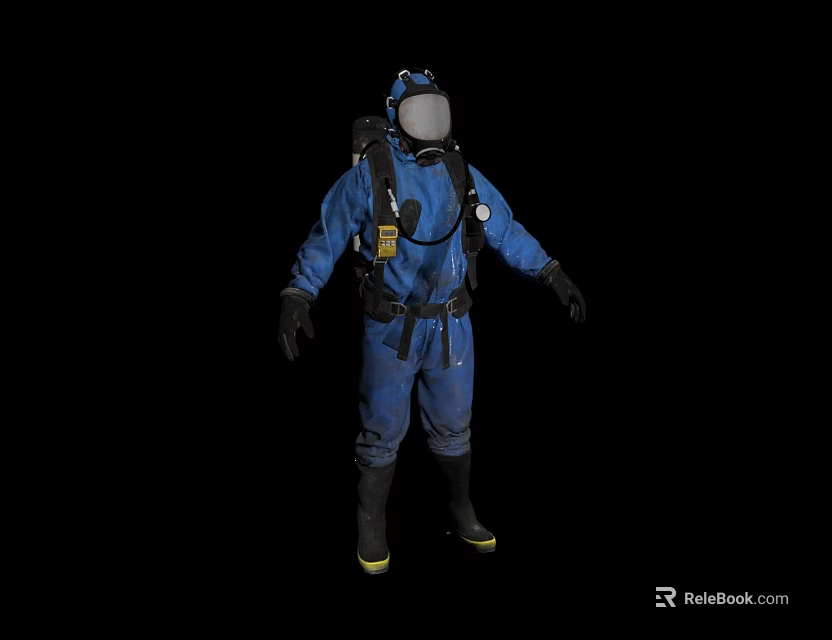 Man in blue diving suit with helmet and backpack equipment standing against black background 3d model 