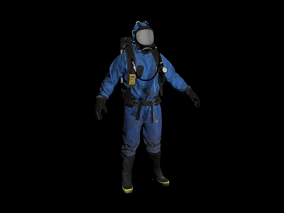 Man in blue diving suit with helmet and backpack equipment standing against black background 3d model