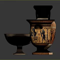 Ancient Greek Vessels With Black Orange Figural Patterns And Various Shapes