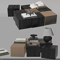 Modern Cube Shaped Modular Coffee Table With Black And Beige Wooden Design And Decorative Books
