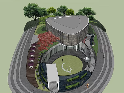 Modern Garden Landscape With Circular Building Surrounding Trees Pathways And Green Lawn 3d model