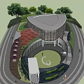 Modern Garden Landscape With Circular Building Surrounding Trees Pathways And Green Lawn