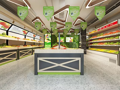 Bright Fruit Store Interior With Fresh Fruits On Shelves Central Counter And Green Hanging Signs 3d model