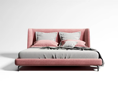 Modern Pink Upholstered Double Bed with Gray Mattress Pillows and Soft Throw Blanket 3d model