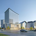 Modern Office Building Complex With Glass Curtain Wall And Landscaped Surroundings Near Road With Cars