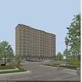 Residential Building With Beige Exterior Many Windows Multiple Floors And Lush Greenery Pedestrians