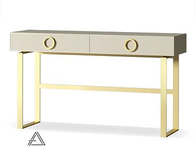 Modern Dining Table With Light Gray Tabletop Golden Legs And Circular Accents 3d model