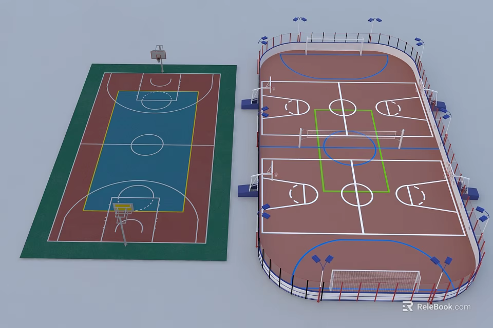 Indoor Basketball Court With Rectangular And Oval Design Colorful Flooring And Hoops 3d model 