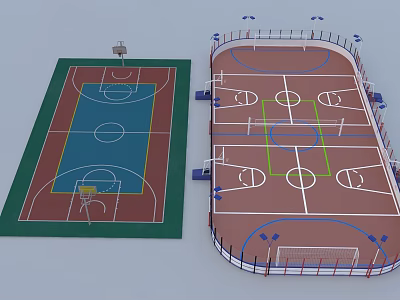 Indoor Basketball Court With Rectangular And Oval Design Colorful Flooring And Hoops 3d model