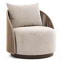 Modern Beige Fabric Armchair With Woven Brown Armrest And Comfortable Plush Cushion