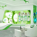 Modern Green Exhibition Interior With Sofa Display Shelves Digital Screen And White Seating 3d model