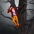 Red Coat Yellow Pants Hat And Tool Used By Person Climbing Leafless Tree