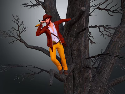Red Coat Yellow Pants Hat And Tool Used By Person Climbing Leafless Tree 3d model