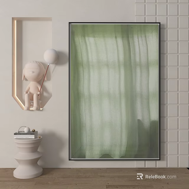 Elegant Interior Decor With Green Curtains Artwork White Shelf And Figurine 3d model 