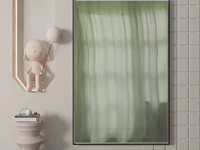 Elegant Interior Decor With Green Curtains Artwork White Shelf And Figurine 3d model