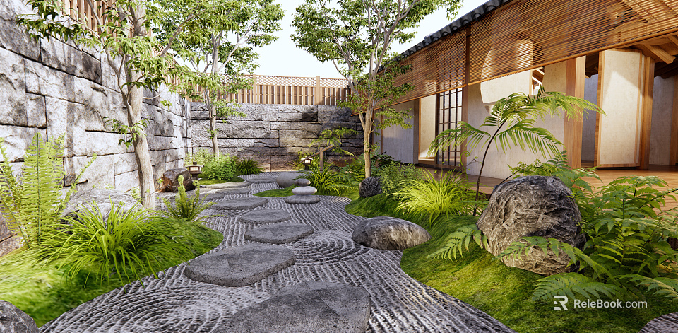 Serene Japanese Dry Landscape Garden With Raked Gravel Smooth Stones Lush Moss And Trees 3d model 