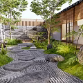 Serene Japanese Dry Landscape Garden With Raked Gravel Smooth Stones Lush Moss And Trees
