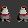 Red Athletic Soccer Shoes With White And Yellow Accents And Spiked Soles