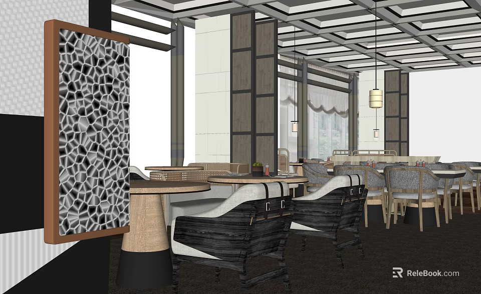 Elegant Restaurant Interior Design With Geometric Partition Wooden Tables Comfortable Chairs And Pendant Lights 3d model 