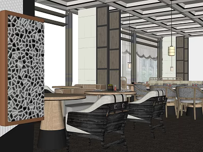 Elegant Restaurant Interior Design With Geometric Partition Wooden Tables Comfortable Chairs And Pendant Lights 3d model