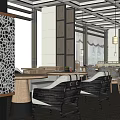 Elegant Restaurant Interior Design With Geometric Partition Wooden Tables Comfortable Chairs And Pendant Lights