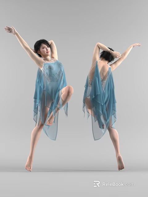 Woman Dancing in Blue Sheer Dress with Lace Details Front and Back Views 3d model 