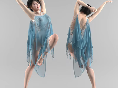 Woman Dancing in Blue Sheer Dress with Lace Details Front and Back Views 3d model