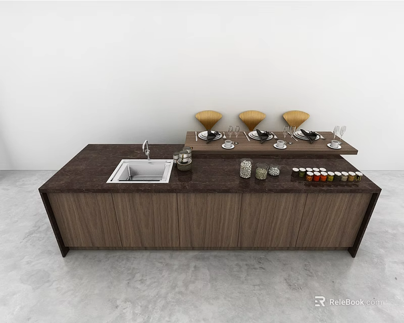 Modern Kitchen Countertop Set With Wooden Cabinets Dark Surface Sink Spices And Yellow Bowls 3d model 