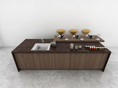 Modern Kitchen Countertop Set With Wooden Cabinets Dark Surface Sink Spices And Yellow Bowls 3d model
