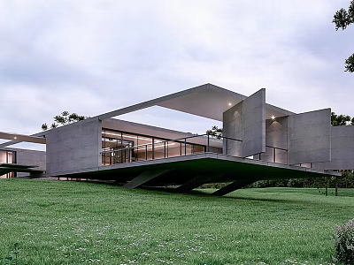 Modern Concrete Detached Villa With Cantilevered Terrace Large Windows And Green Grassland 3d model