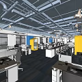 Modern Public Office Space with Open Workstations Colorful Partitions and Hexagonal Ceiling Lights 3d model