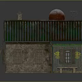 Wooden House With Green Metal Roof Blue Extended Roof Ladder Chimney Satellite Dish Boarded Windows