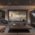 Modern Home Theater Room With Starry Ceiling Large Screen And Plush Seating Furniture