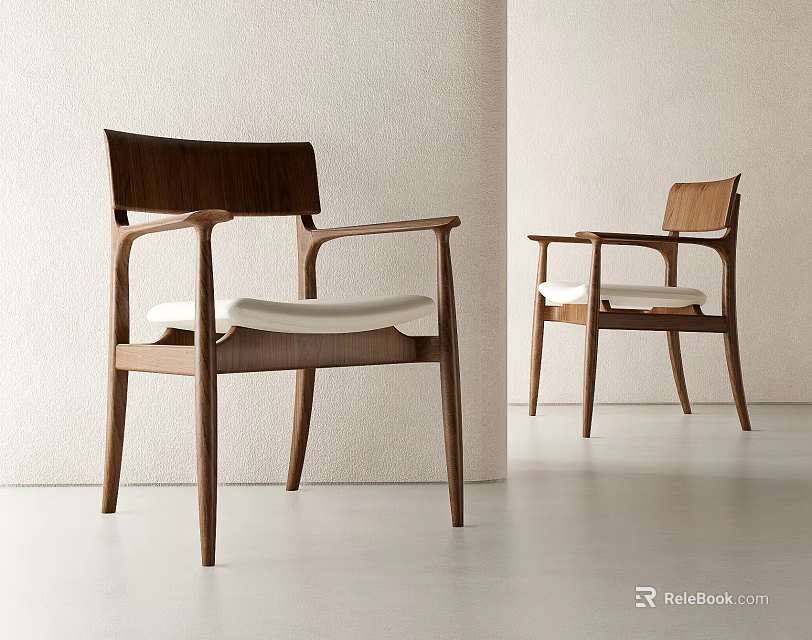 Minimalist Wooden Dining Chairs With Armrests And Light Colored Cushions Indoor 3d model 