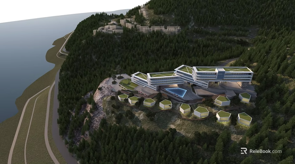 Modern Boutique Hotel Building In Mountainous Area With Green Roofs And Forest Surroundings 3d model 