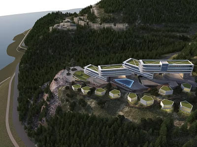 Modern Boutique Hotel Building In Mountainous Area With Green Roofs And Forest Surroundings 3d model