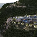 Modern Boutique Hotel Building In Mountainous Area With Green Roofs And Forest Surroundings