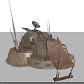 Rustic Small Outdoor Base With Antennas Satellite Dish And Canvas Awning 3d model