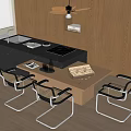 Modern Restaurant Open Kitchen Interior With Wooden Cabinets Black Island Countertop Dining Table And Chairs