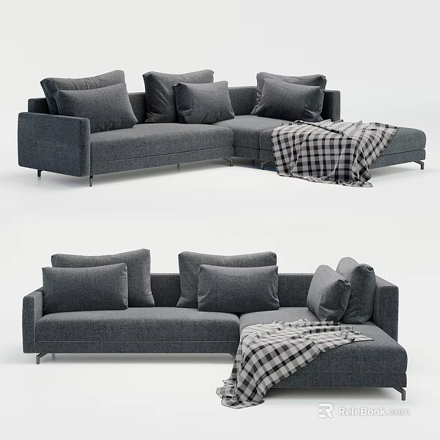 Modern Gray Sectional Sofa With Multiple Cushions And Plaid Blanket 3d model
