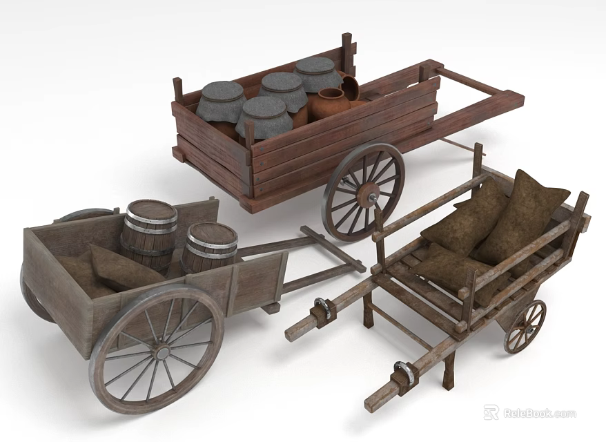 Traditional Wooden Carts Loaded With Barrels And Sacks On Wooden Wheels 3d model 
