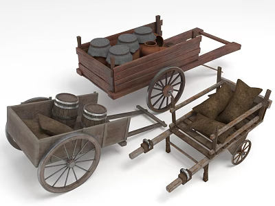 Traditional Wooden Carts Loaded With Barrels And Sacks On Wooden Wheels 3d model