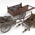 Traditional Wooden Carts Loaded With Barrels And Sacks On Wooden Wheels