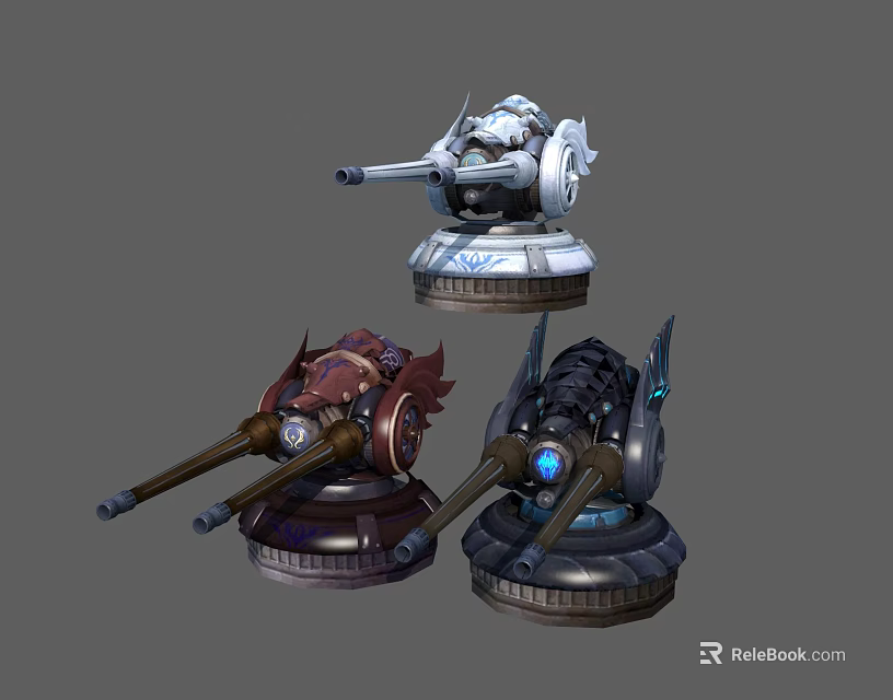 Three Different Designed Mechanical Weapon Turrets With Colorful Details And Glowing Blue Elements 3d model 