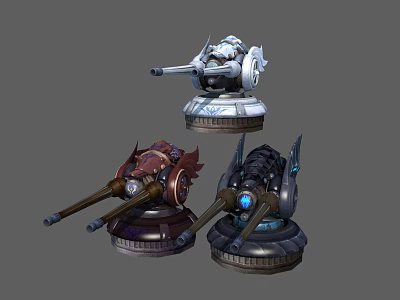 Three Different Designed Mechanical Weapon Turrets With Colorful Details And Glowing Blue Elements 3d model